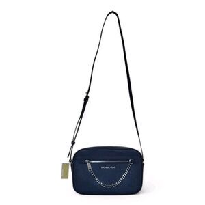 Michael Kors Jet Set Large Logo Saffiano Leather Crossbody Bag W Chain Navy NWT